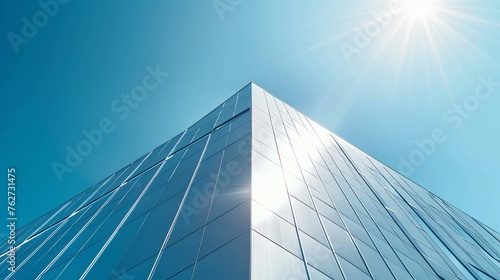 Sleek minimalist building, bright noon sun, frontal view, showcasing sharp geometric shapes against a clear sky