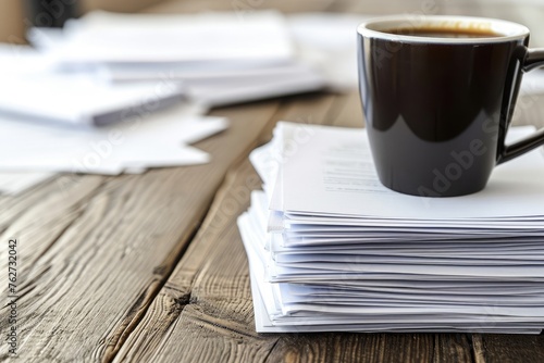 A cup of coffee sits on top of a stack of papers, creating a juxtaposition between work and relaxation, Stack of business documents with a mug of coffee on desk, AI Generated