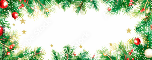 A decorative border featuring green pine branches intertwined with shiny ornaments in various festive colors, creating a traditional Christmas design. Tree branch frame. Banner. Copy space