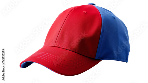 A vibrant red and blue baseball cap stands out against a stark white background