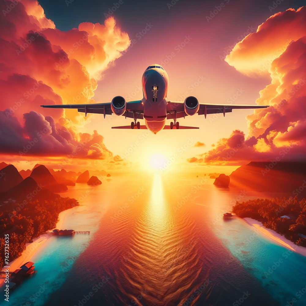 As the sun sets, an airplane gracefully soars above a tranquil tropical sea, painting the sky with hues of orange and pink, capturing the serene beauty of nature in flight.