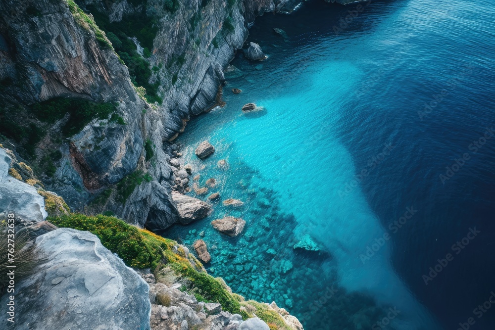 A stunning body of water enclosed by imposing rocky cliffs, creating a dramatic and awe-inspiring scene, Steep cliffs bordering a crystal blue ocean, AI Generated