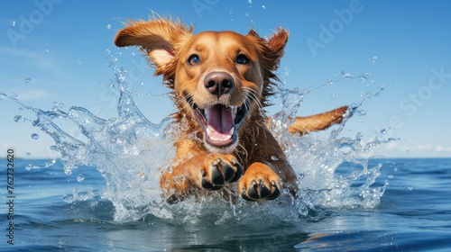 A Carnivore Sporting Group dog jumps into the liquid sky with its snout open