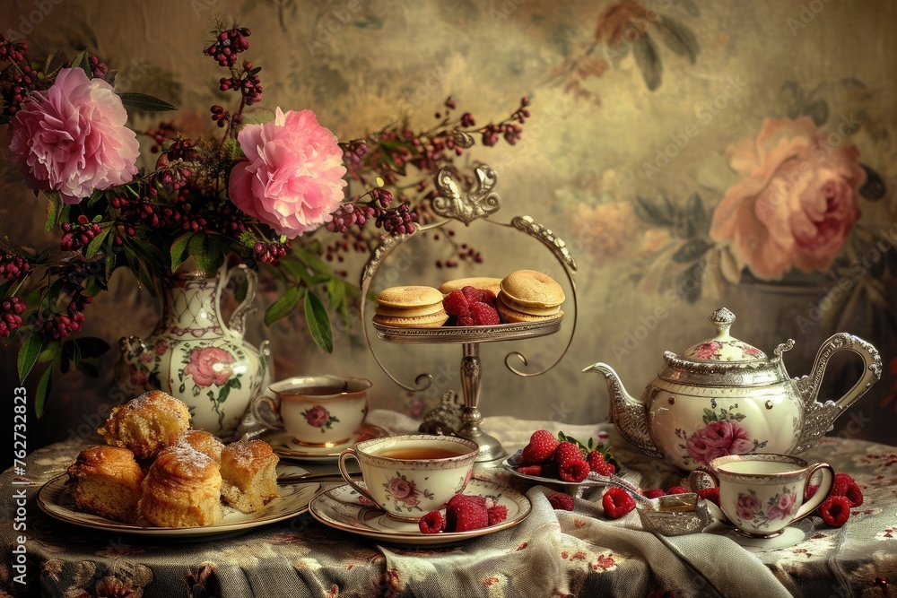 A table topped with a plate of food alongside a vase filled with flowers, Still life of a vintage afternoon tea, AI Generated
