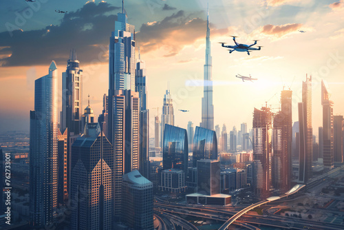 A futuristic city skyline dominated by towering skyscrappers photo