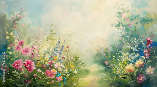 Painted landscape garden with flowers and plants