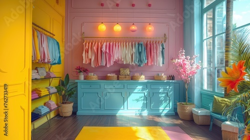 room bathed in natural sunlight features a bold yellow wall and a blue cabinet with hanguing childrens clothes under a pink wall.  photo