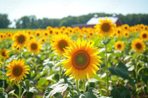 A vibrant field of sunflowers standing tall  with a rustic barn in the distant background  Sunflower field wedding with an open barn in the background  AI Generated