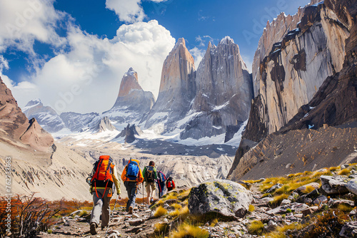 A group of hikers trekking through a majestic mountain photo
