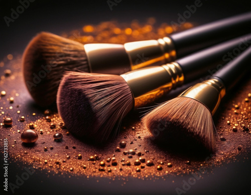 Macro photo of professional makeup brushes in powder