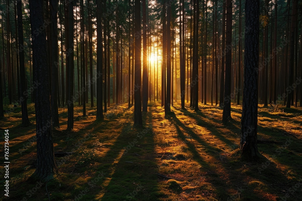 A photo capturing the suns rays shining through the dense canopy of trees in a vibrant forest, Sunset casting long shadows in a dense forest, AI Generated A photo capturing the suns rays shining through the dense canopy of trees in a vibrant forest, Sunset casting long shadows in a dense forest, AI Generated