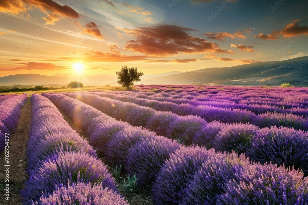 A picturesque scene capturing a field of colorful lavender flowers as the sun sets in the background, Sunrise over fields of lavender in full bloom, AI Generated A picturesque scene capturing a field of colorful lavender flowers as the sun sets in the background, Sunrise over fields of lavender in full bloom, AI Generated