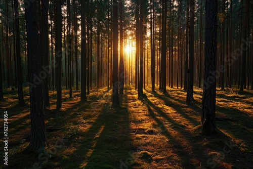 A photo capturing the suns rays shining through the dense canopy of trees in a vibrant forest  Sunset casting long shadows in a dense forest  AI Generated