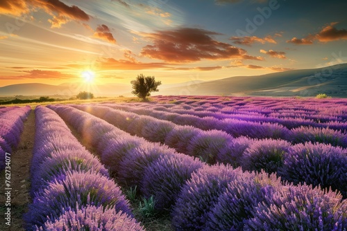 A picturesque scene capturing a field of colorful lavender flowers as the sun sets in the background, Sunrise over fields of lavender in full bloom, AI Generated
