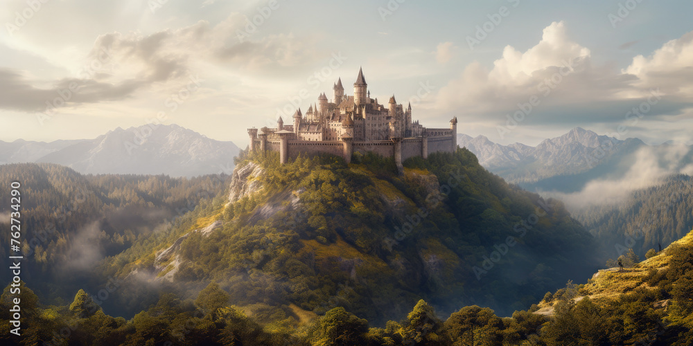 sunrise in the mountains with castel  - obrazy, fototapety, plakaty 