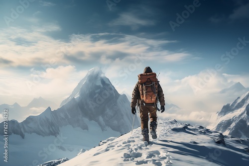 Hiker in Himalaya mountains at sunset. Man with backpack and trekking poles