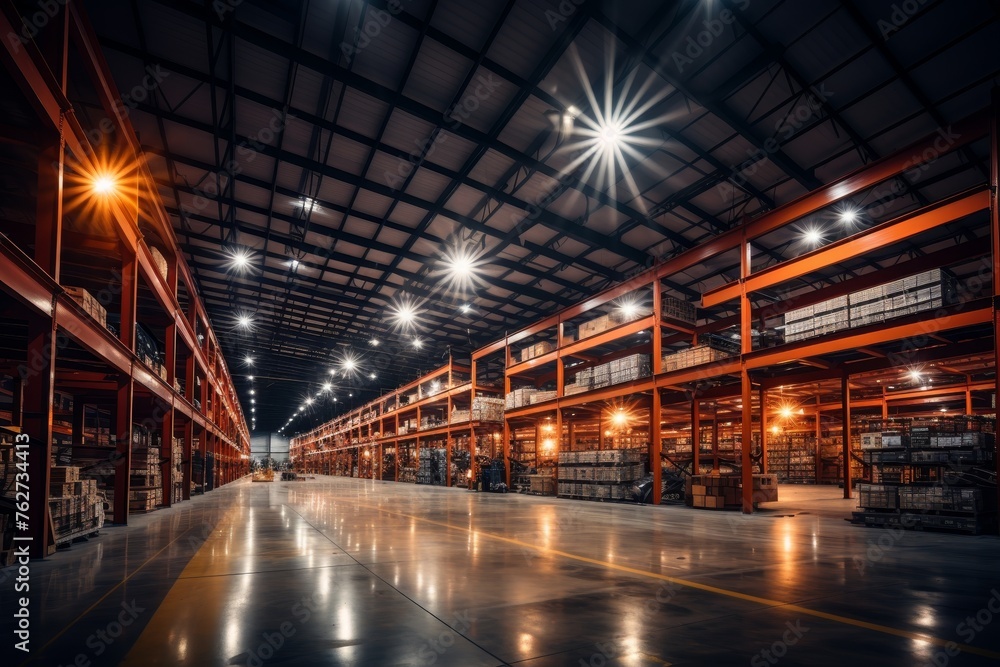 A warehouse filled with neatly stacked boxes and pallets, offering an ideal setting for showcasing logistics and storage concepts. A warehouse filled with neatly stacked boxes and pallets, offering an ideal setting for showcasing logistics and storage concepts.