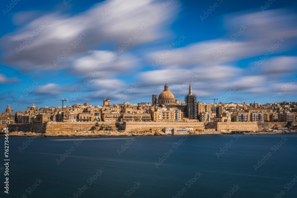 Valletta, Malta: skyline from Marsans Harbour. Long exposure picture. June 2023
