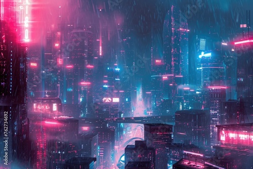 A bustling metropolis filled with neon-lit skyscrapers showcases the futuristic ambiance of the urban landscape, Surreal cyberpunk cityscape with neon lights, AI Generated