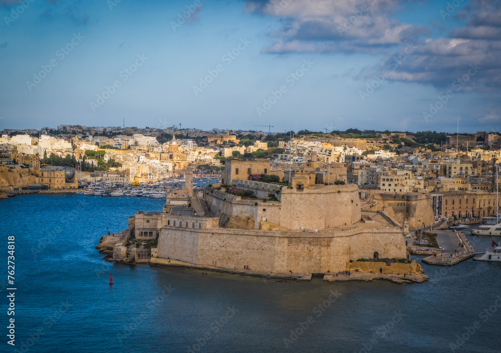 The mighty Fort St Angelo dominates Grand Harbour of Valetta, Malta. June 2023