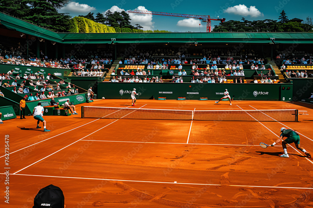 Obraz premium A dynamic tennis match on a clay court with players
