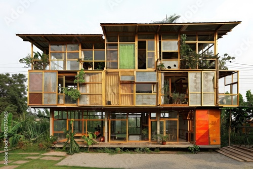 A photo showcasing an architecturally impressive multi-level house with multiple levels of windows, Sustainable construction design using recycled materials for residential buildings, AI Generated photo