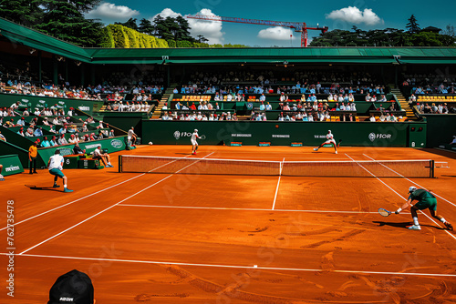 A dynamic tennis match on a clay court with players