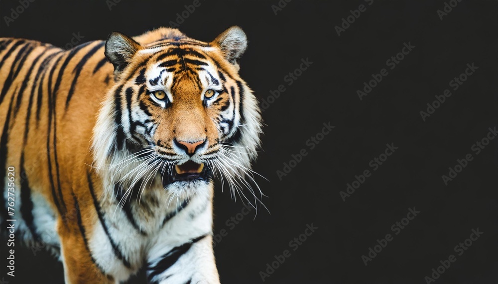 tiger portrait isolated on black background spectacular majestic proud animal walking forward wide panoramic banner with panthera tigris and empty copy space