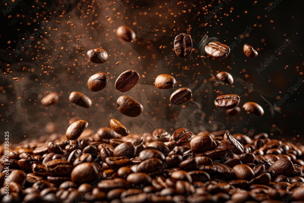 Roasted hot coffee beans falling on pile of coffee beans. Front view. Horizontal composition. Roasted hot coffee beans falling on pile of coffee beans. Front view. Horizontal composition.