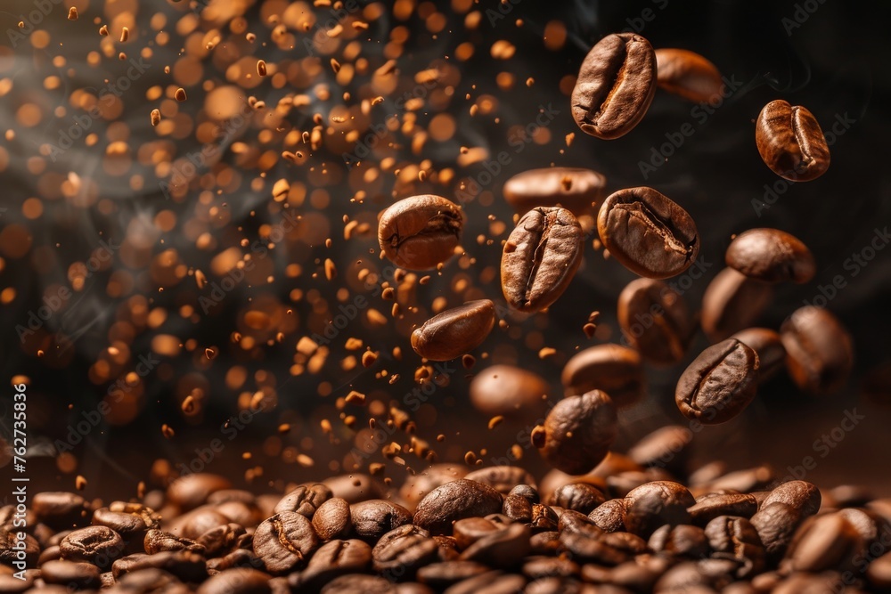 Roasted hot coffee beans falling on pile of coffee beans. Front view. Horizontal composition. Roasted hot coffee beans falling on pile of coffee beans. Front view. Horizontal composition.