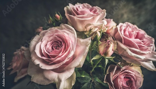 beautiful bouquet of pink roses flowers on a dark background soft and romantic vintage filter looking like an old painting