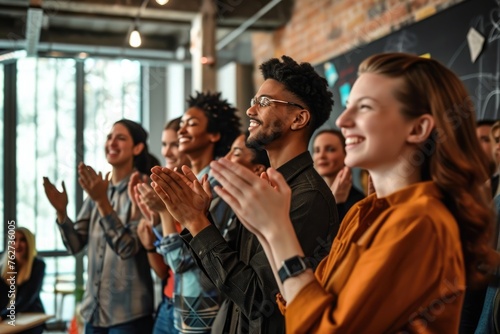 A diverse group of individuals enthusiastically applauding together, expressing their appreciation and support, Team members giving a standing ovation during a presentation, AI Generated photo
