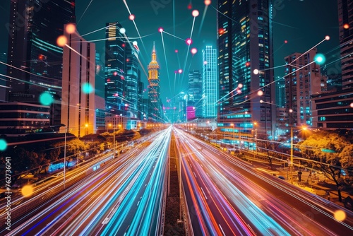 A busy city street at night is overwhelmed by a constant flow of vehicles, brightly lit by streetlights and traffic signals, Technological advancements in city infrastructure, AI Generated photo