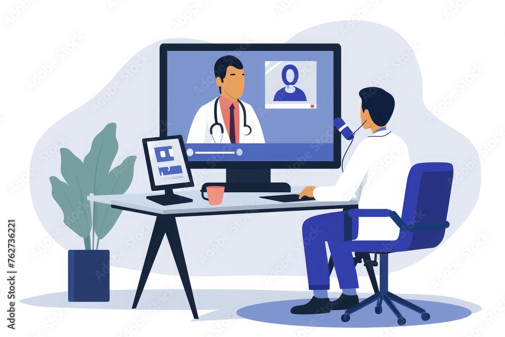 A man sitting at a desk working on a computer, focused and engaged in his tasks, Telemedicine consultation between a doctor and patient, AI Generated A man sitting at a desk working on a computer, focused and engaged in his tasks, Telemedicine consultation between a doctor and patient, AI Generated