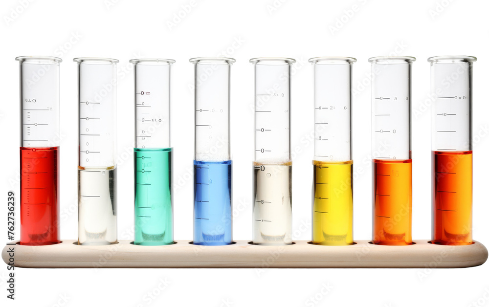 A colorful row of test tubes filled with various liquids on a laboratory bench - obrazy, fototapety, plakaty 