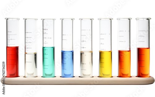 A colorful row of test tubes filled with various liquids on a laboratory bench