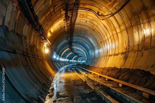 Train Track Going Through a Tunnel, The construction process of a high-tech tunnel with integrated safety features, AI Generated