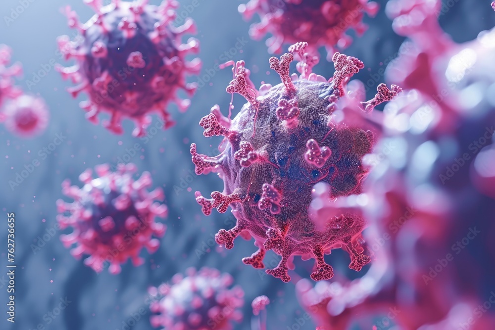 A dynamic image capturing a group of pink and blue corona, showcasing their vibrant colors and intricate patterns, The coronavirus model in detail, AI Generated A dynamic image capturing a group of pink and blue corona, showcasing their vibrant colors and intricate patterns, The coronavirus model in detail, AI Generated