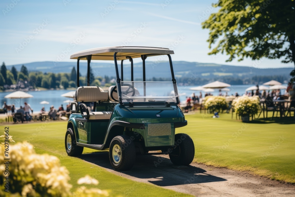 A man driving a golf cart on a golf course on a sunny day, with lush greenery and clear blue skies in the background