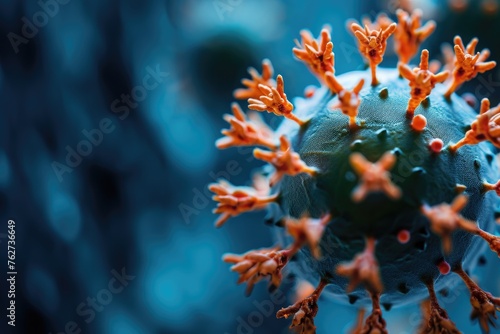 This close-up photo captures the vibrant colors of a green and orange flower in exquisite detail, The coronavirus model in detail, AI Generated