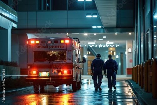 Two men walking down the street alongside a fire truck parked on the side, The hustle and bustle of an emergency room, AI Generated