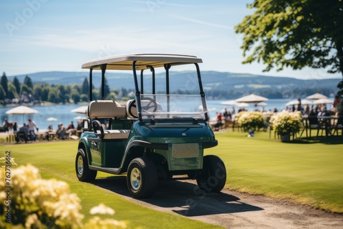 A man driving a golf cart on a golf course on a sunny day, with lush greenery and clear blue skies in the background