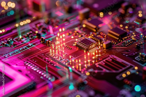 This close up view showcases the intricate components and circuitry of a computer motherboard, The inside of a nano-fabricated computer chip, AI Generated