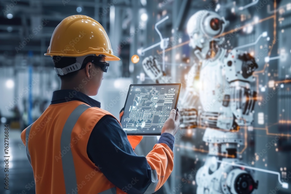 A man wearing an orange safety vest focuses intently as he uses a tablet, The integration of artificial intelligence (AI) in construction management, AI Generated A man wearing an orange safety vest focuses intently as he uses a tablet, The integration of artificial intelligence (AI) in construction management, AI Generated