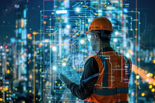 A man wearing an orange safety vest holds a laptop computer in his hands, The integration of artificial intelligence (AI) in construction management, AI Generated © Ifti Digital
