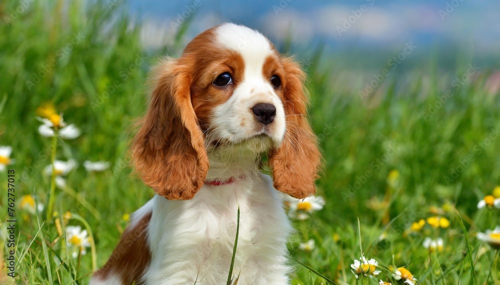 the portrait of sitting red and white puppy of spaniel