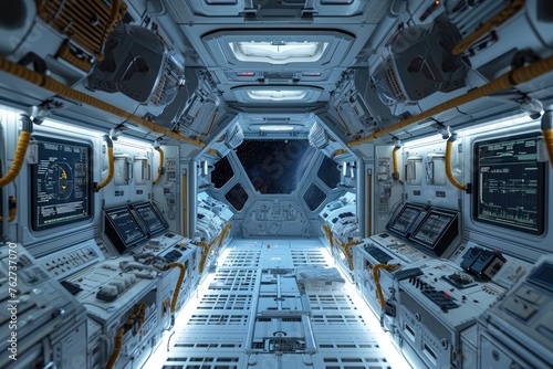 This photo showcases the interior of a space station, filled with a multitude of electronic devices and equipment, The interior of a spaceship powered by biofuel, AI Generated