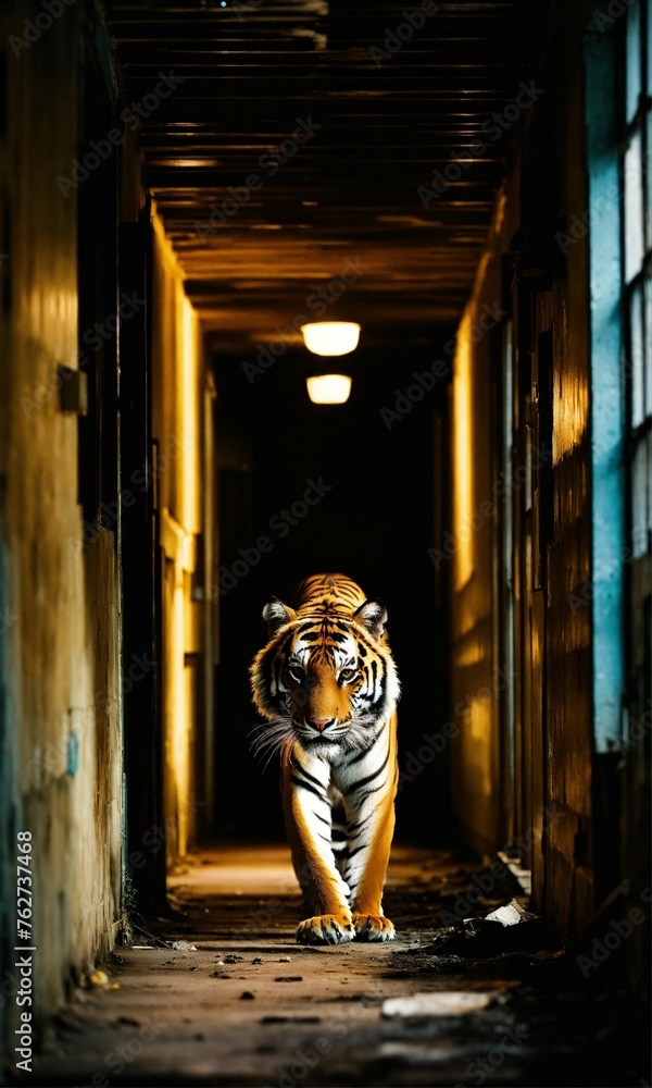 profile of a tiger standing at the end of a hallway in an abandoned and dirty hotel.