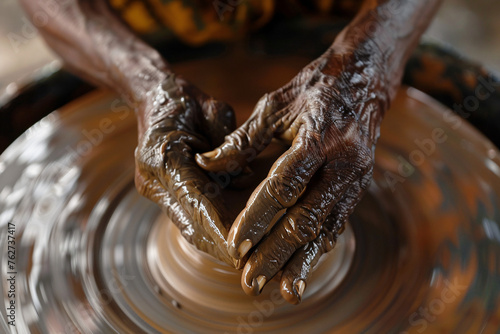 A close-up of a craftsmans hands skillfully shaping clay