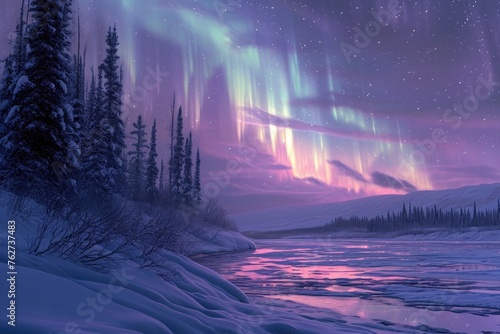 A frozen river surrounded by a snowy landscape as the colorful aurora lights up the sky above  The Northern Lights illuminating a snowy landscape  AI Generated